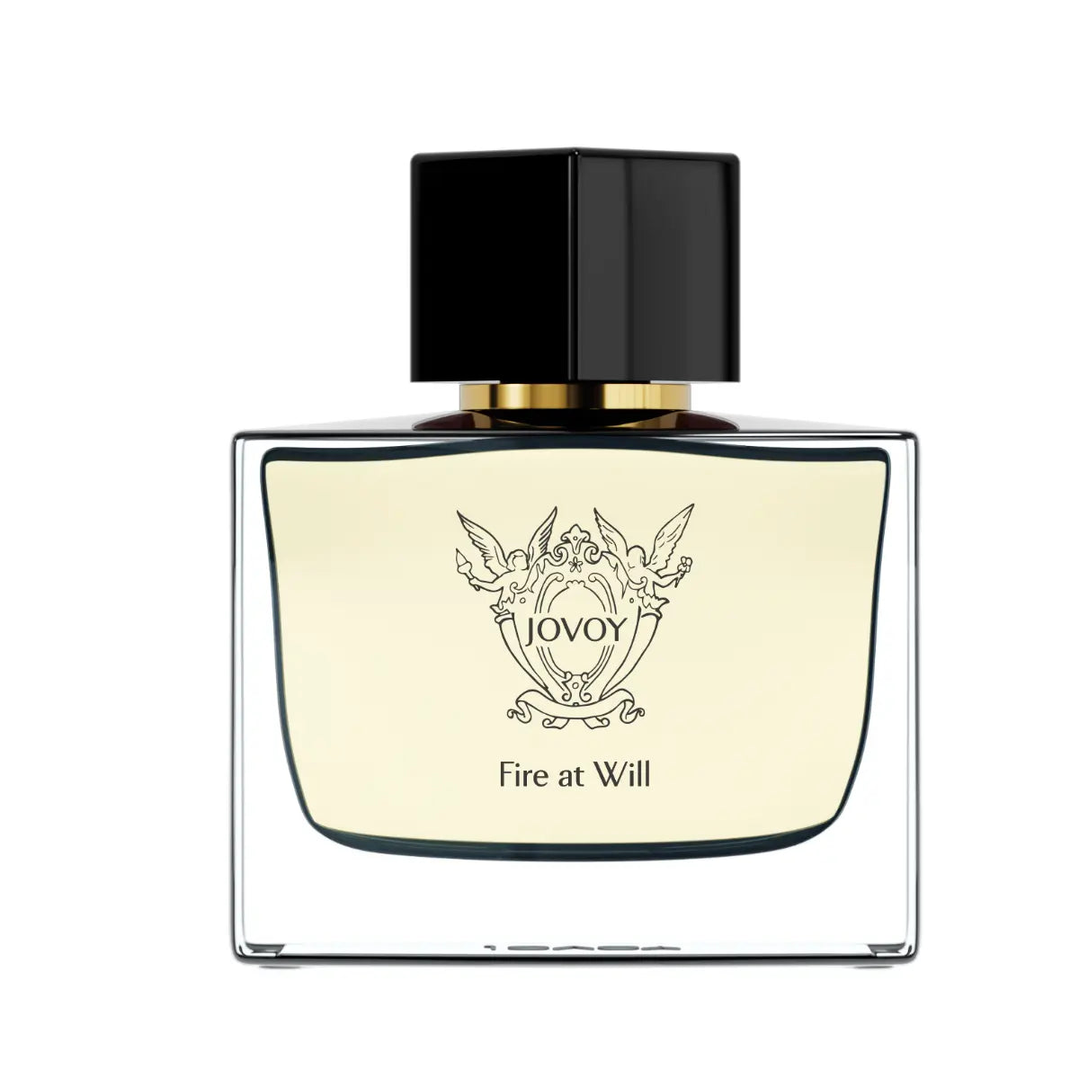 Jovoy - Fire at Will Parfumflakon mit klarem Glas, goldenen Details und schwarzem Verschluss vor weißem Hintergrund
