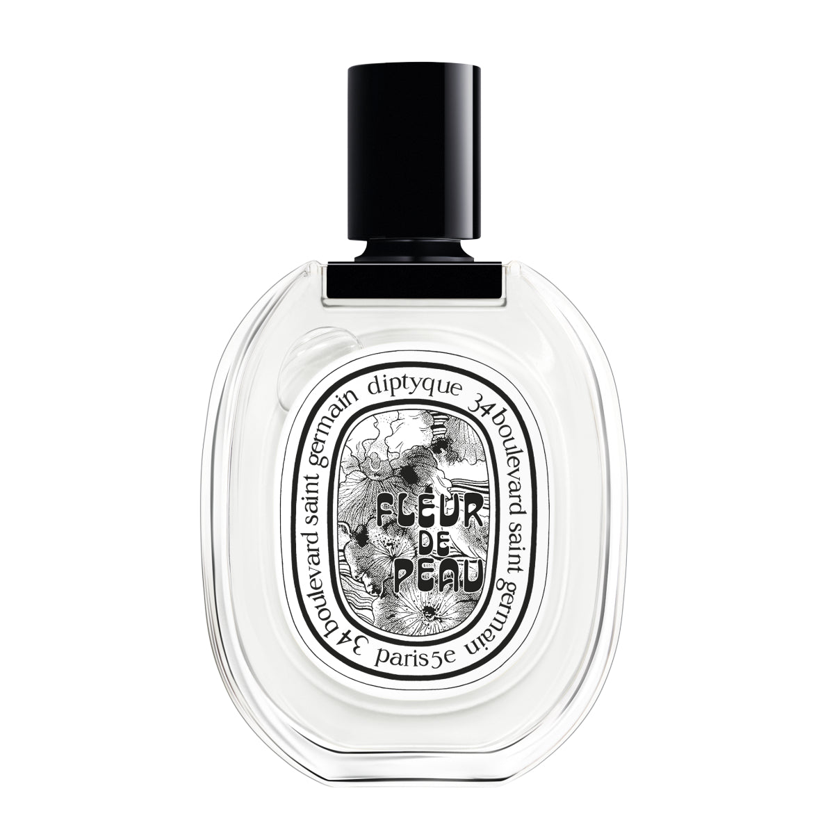 Diptyque - Fleur de Peau - Eau de Toilette in klarem Glasflakon mit schwarzem Verschluss und verspieltem Etikettendesign