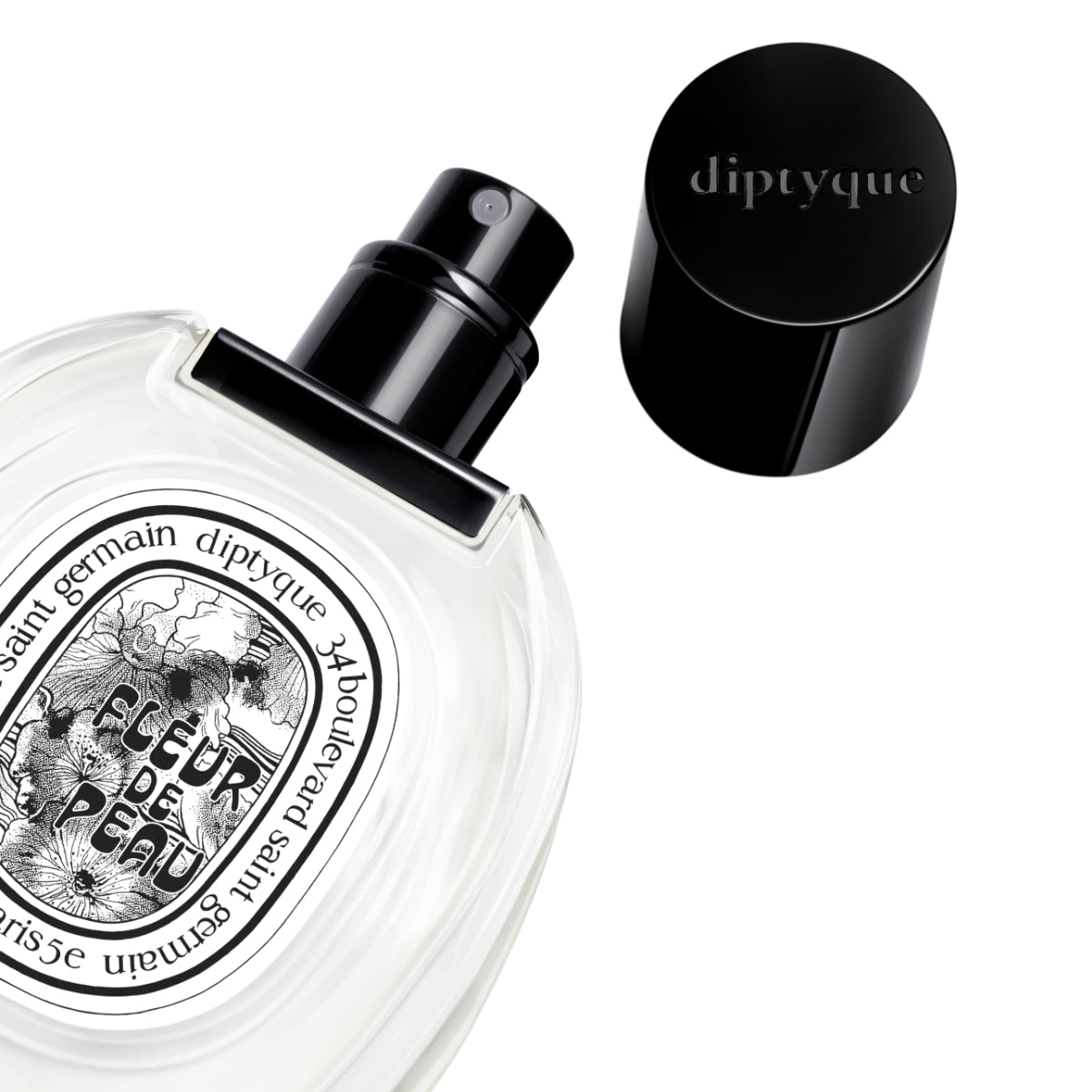 Diptyque - Fleur de Peau - Eau de Toilette Sprühflakon mit schwarzem Verschluss auf weißem Hintergrund