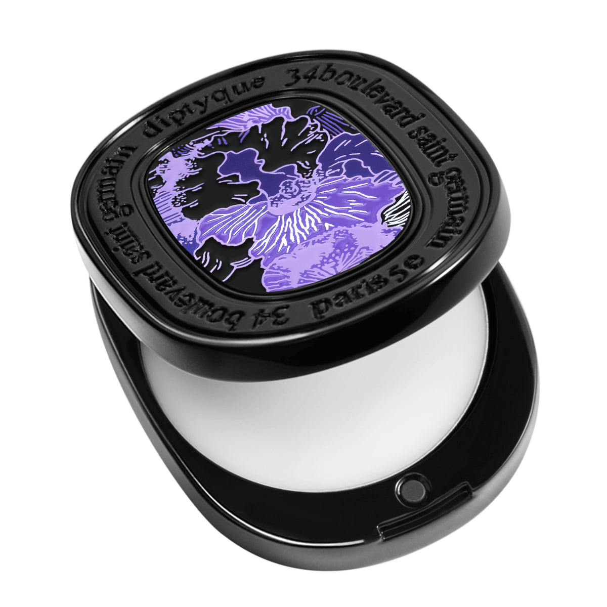 Diptyque - Fleur de Peau - Solid Perfume in schwarzer Dose mit lilafarbenem Blumenmotiv und cremigem Inhalt