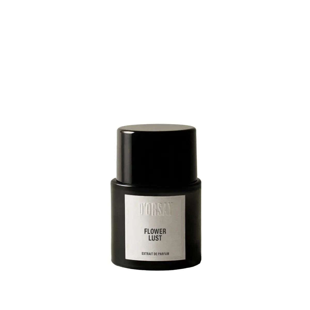 D'Orsay - Flower Lust Parfumflakon in schlichtem, schwarzem Design mit weißem Etikett vor weißem Hintergrund