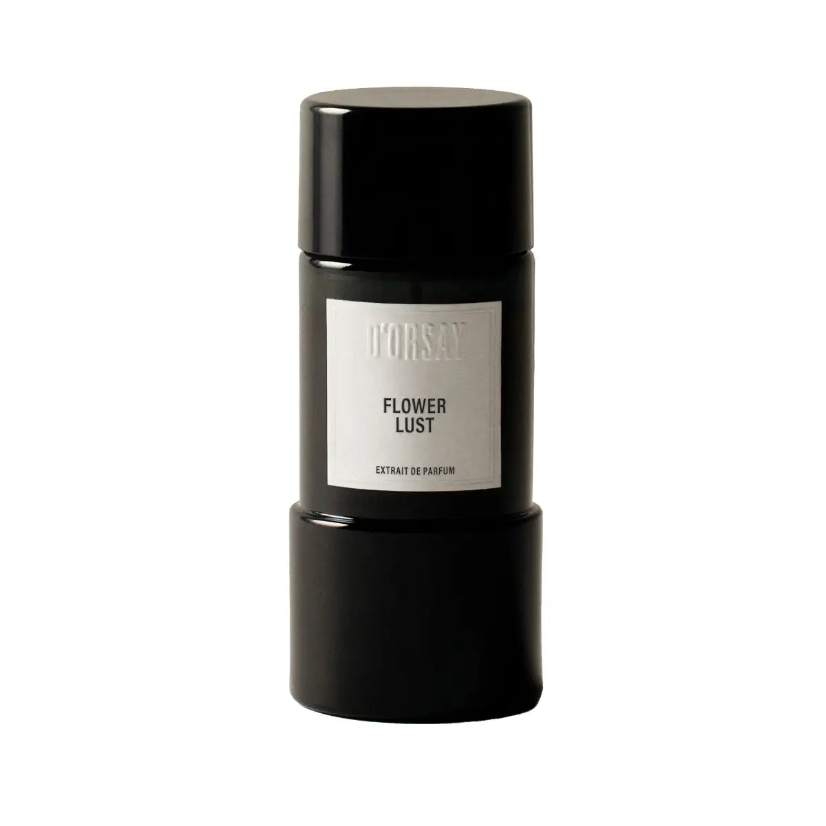 D'Orsay - Flower Lust Parfumflakon in schwarzem zylindrischem Design mit schlichtem, weißem Etikett vor weißem Hintergrund