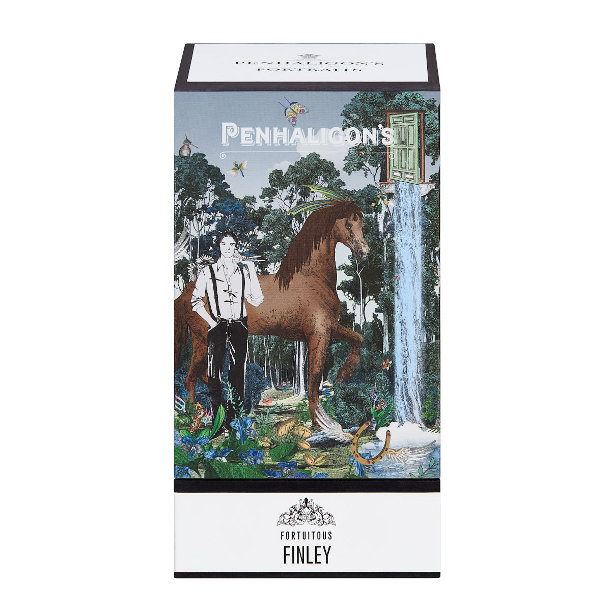 Penhaligon's - Portraits - Fortuitous Finley Verpackung mit Pferd, Gartenlandschaft und Wasserfall vor blauem Hintergrund