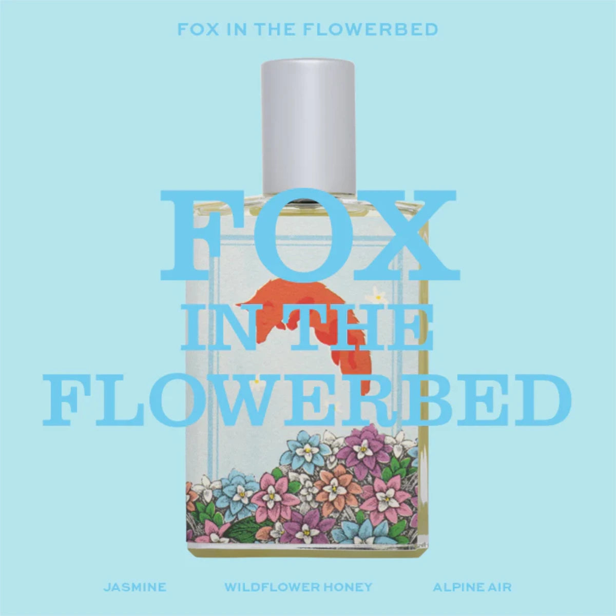 Imaginary Authors - Fox in the Flowerbed transparente Flasche mit Fuchs und bunten Blumen vor blauem Hintergrund