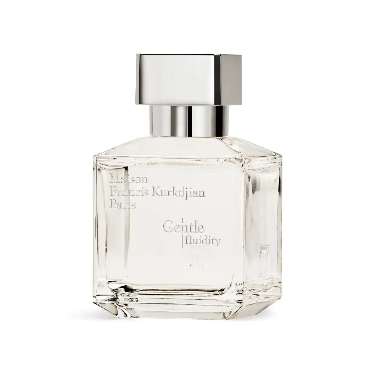 Maison Francis Kurkdjian Paris - Gentle fluidity Silver klarer eckiger Parfumflakon mit silberfarbenem Verschluss vor hellem Hintergrund