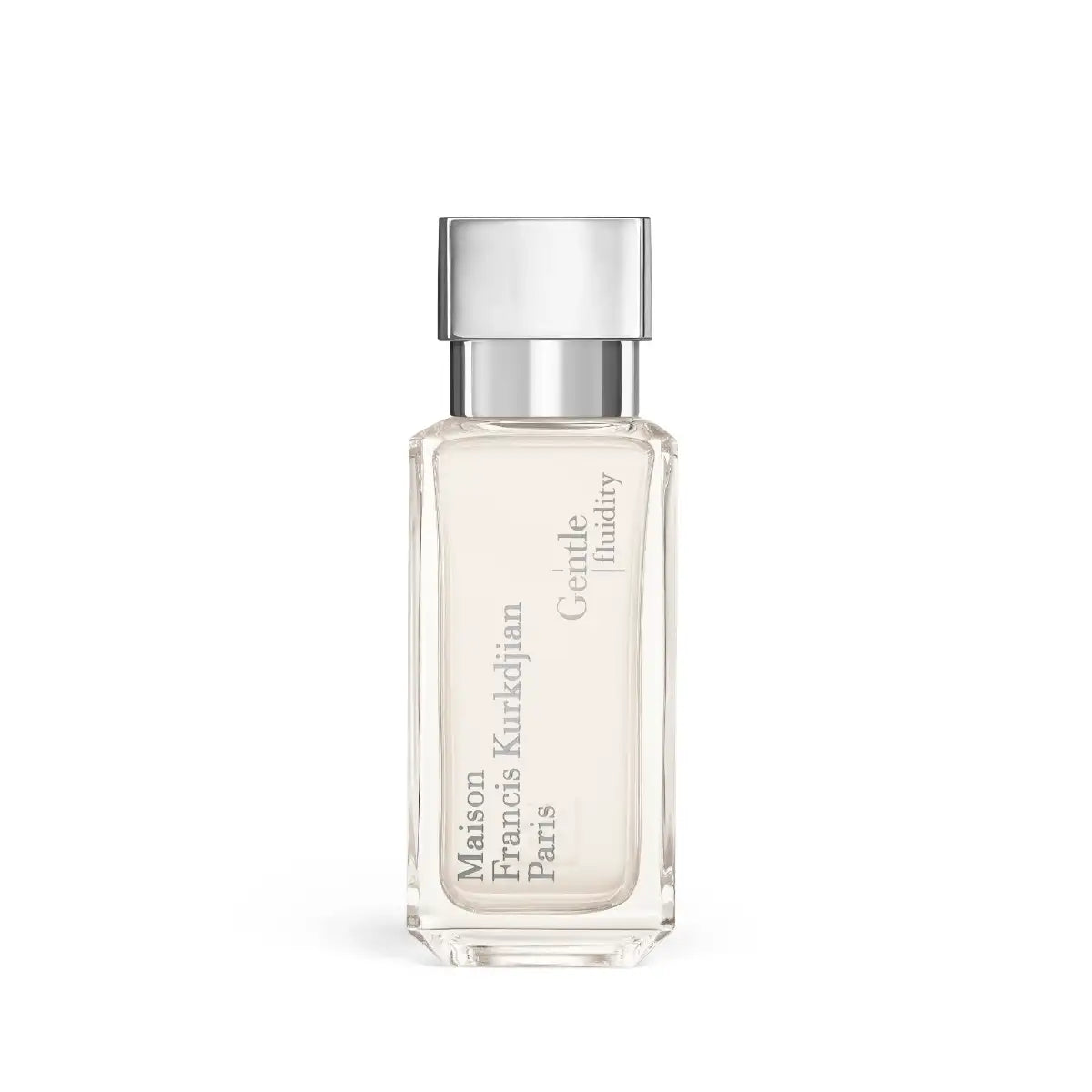Maison Francis Kurkdjian Paris - Gentle fluidity Silver minimalistischer transparenter Flakon mit silbernem Deckel vor weißem Hintergrund
