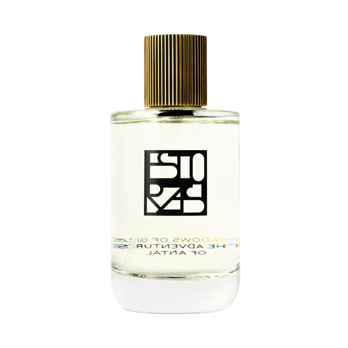 Estoras - Shadows of Giza Parfumflakon mit klarem Glas und goldfarbenem Rillenverschluss vor weißem Hintergrund