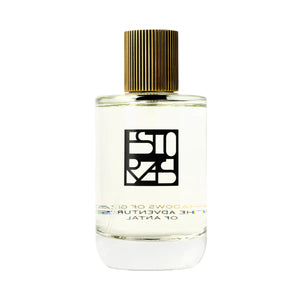 Estoras - Shadows of Giza Parfumflakon mit klarem Glas und goldfarbenem Rillenverschluss vor weißem Hintergrund