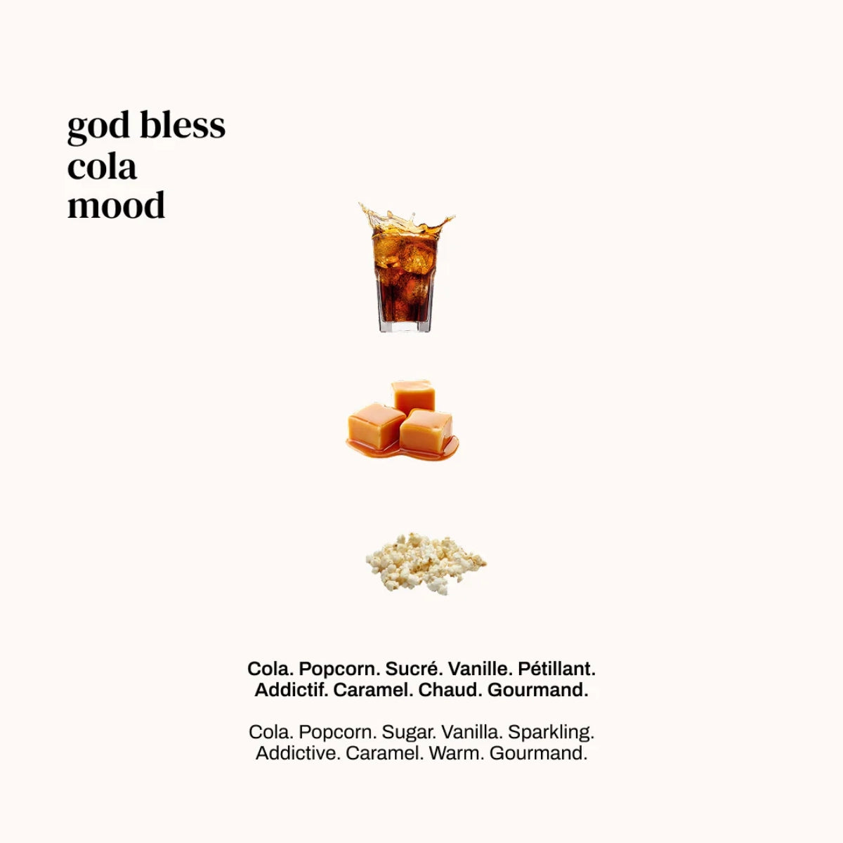 Versatile - God bless Cola mit spritziger Cola, Karamellstücken und zartem Popcorn vor hellem Hintergrund