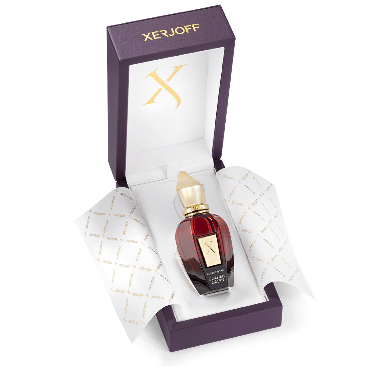 Xerjoff - Coffee Break - Golden Green edler Flakon mit goldenem Verschluss in lila Geschenkbox mit Logo innen