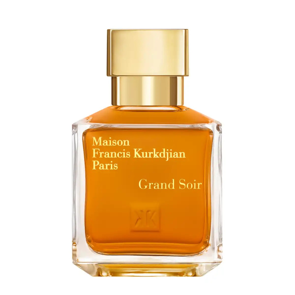 Maison Francis Kurkdjian Paris - Grand Soir edler Flakon mit goldenem Verschluss und bernsteinfarbener Flüssigkeit auf weißem Hintergrund