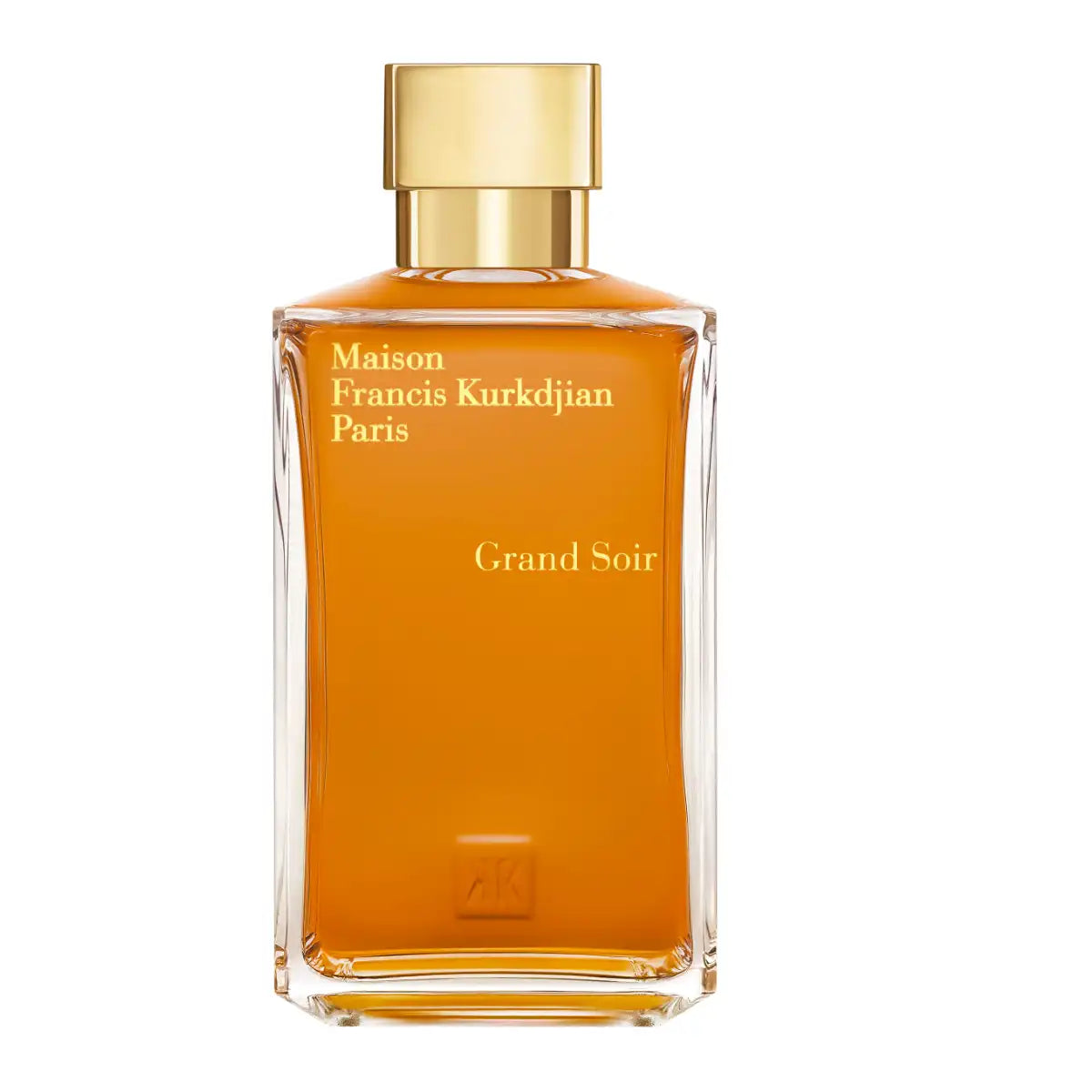 Maison Francis Kurkdjian Paris - Grand Soir rechteckiger Flakon mit bernsteinfarbener Flüssigkeit und goldenem Verschluss vor weißem Hintergrund