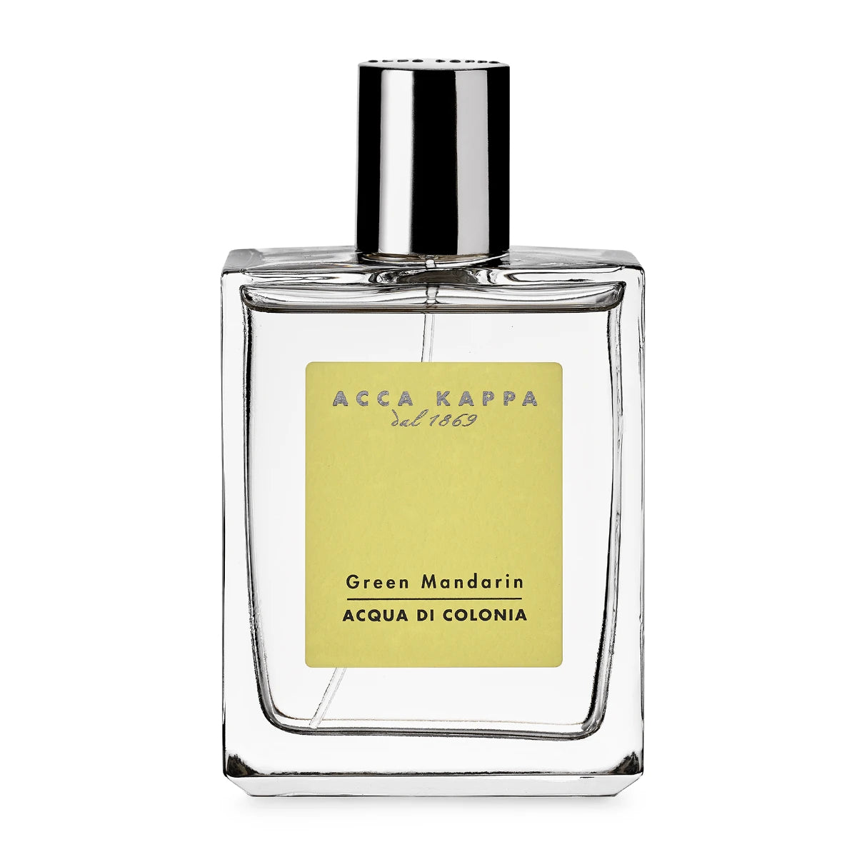 Acca Kappa - Green Mandarin - Acqua di Colonia zeigt klaren rechteckigen Flakon mit hellem Etikett und silbernem Verschluss