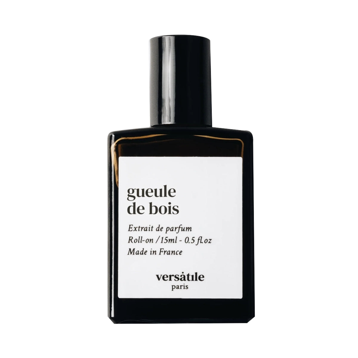 Versatile - Gueule de Bois Roll-on Flakon in schlichtem Schwarz mit weißem Etikett auf weißem Hintergrund