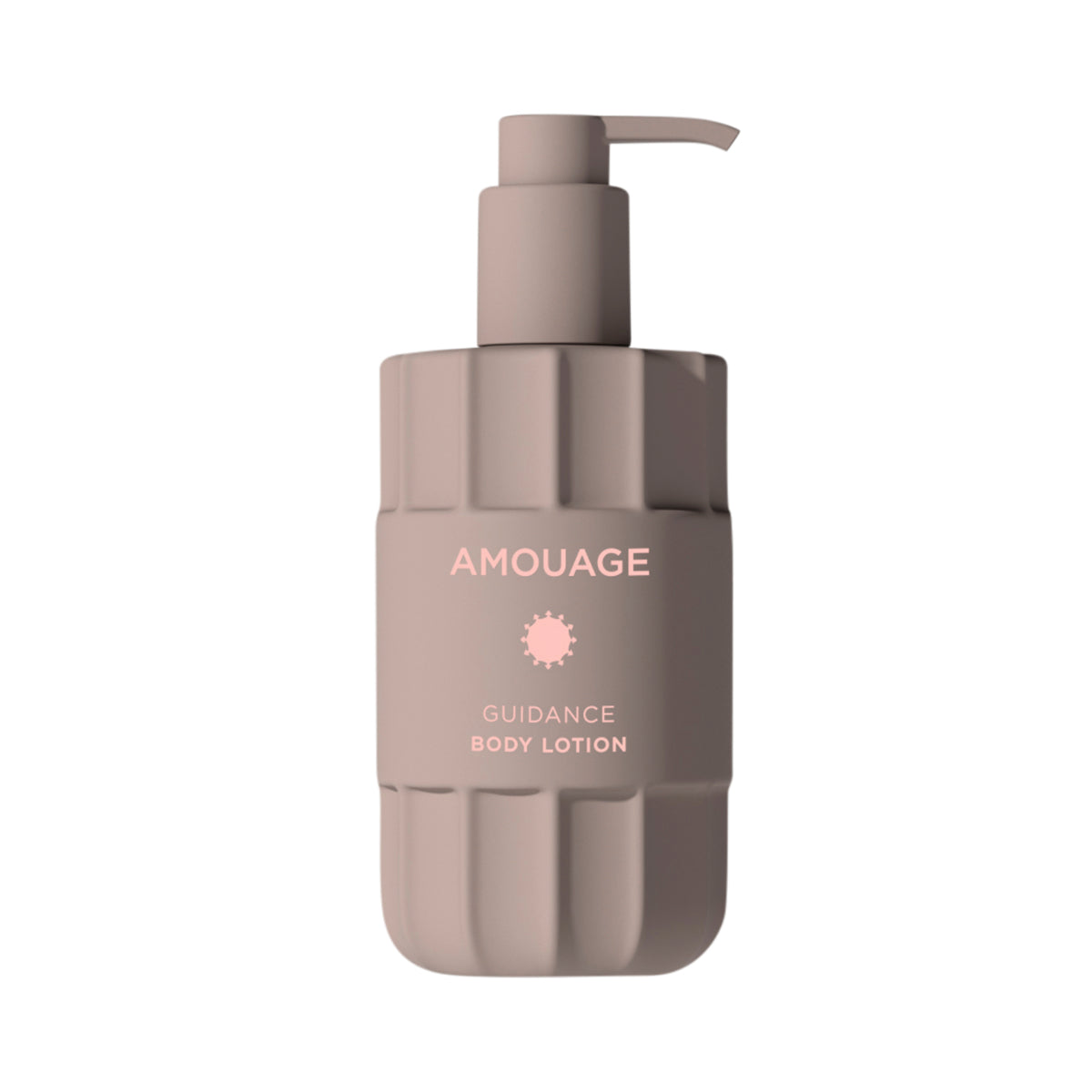 Amouage - Guidance - Body Lotion in stilvoller, matter Flasche mit Spender vor weißem Hintergrund