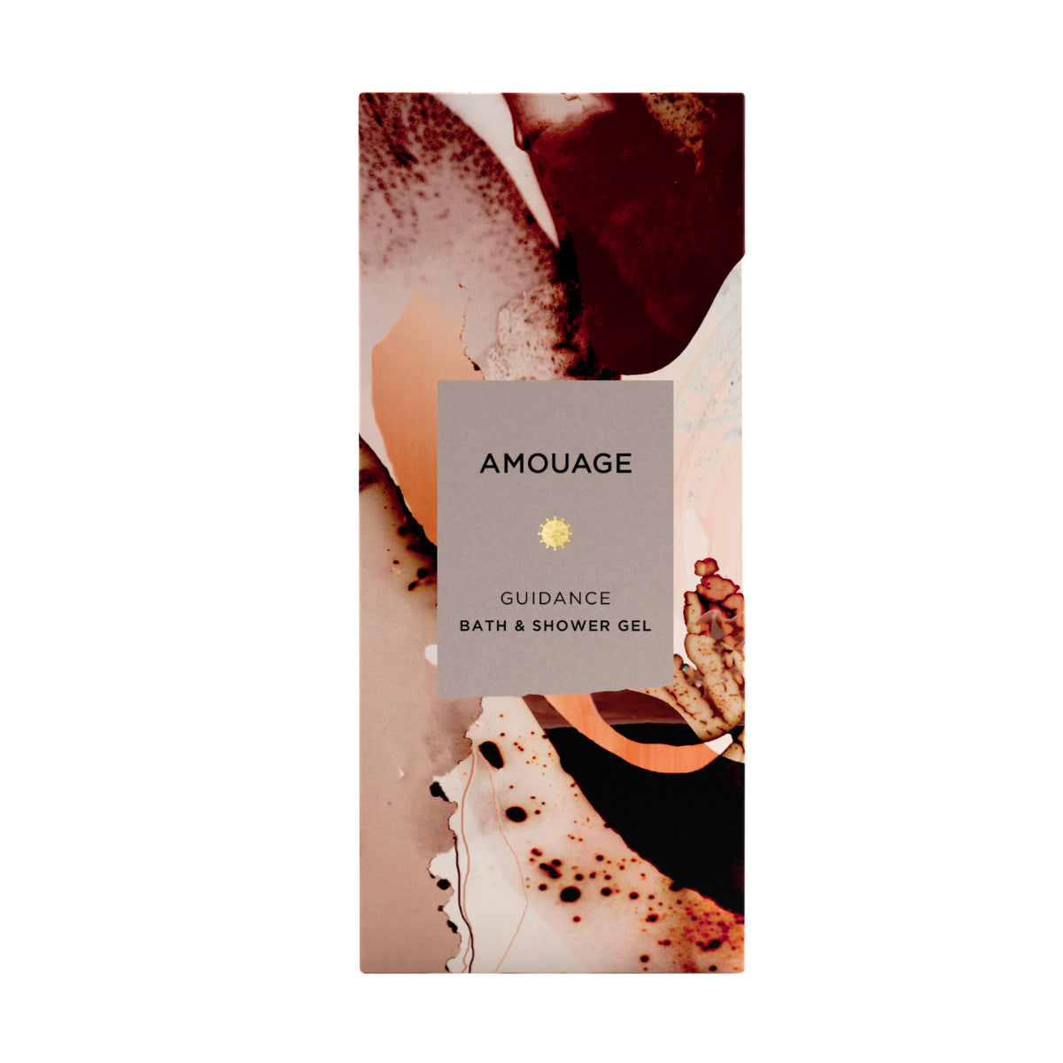 Amouage - Guidance - Shower Gel Verpackung mit abstraktem Aquarelldesign in warmen Farbtönen vor weißem Hintergrund