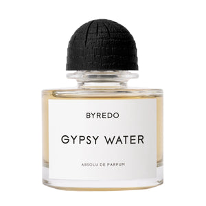Byredo - Gypsy Water - Absolu de Parfum Flakon mit schwarzem Deckel und klarer Flüssigkeit vor weißem Hintergrund
