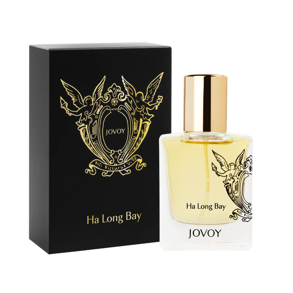 Jovoy - Ha Long Bay Parfüm mit goldenem Verschluss und barockem Engelsmotiv auf klarem Glas neben schwarzer Verpackung