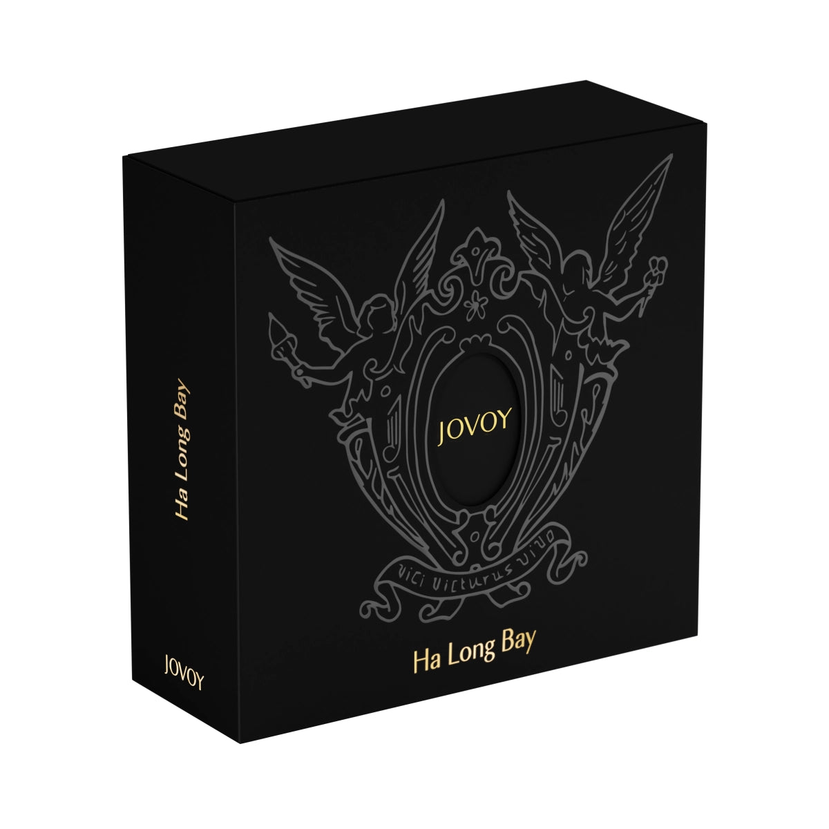 Jovoy - Ha Long Bay elegante schwarze Verpackung mit goldener Schrift und filigranem Engelsmotiv auf der Vorderseite