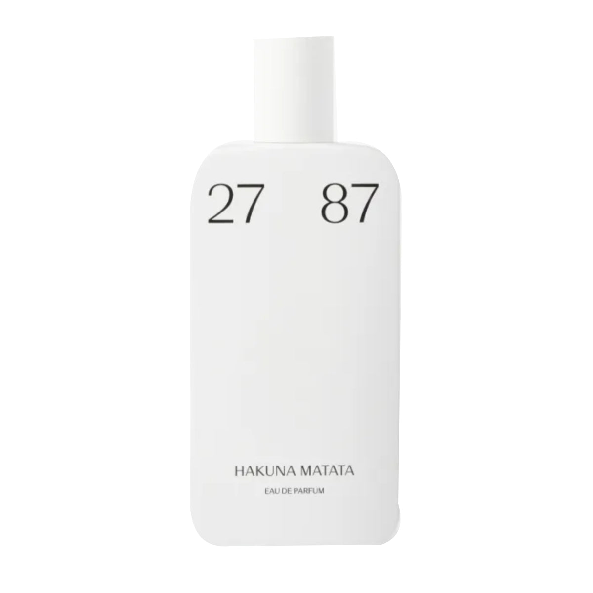 27 87 Perfumes - Hakuna Matata mit schlicht minimalistischem weißen Flakon und eleganter schwarzer Schrift auf hellem Hintergrund