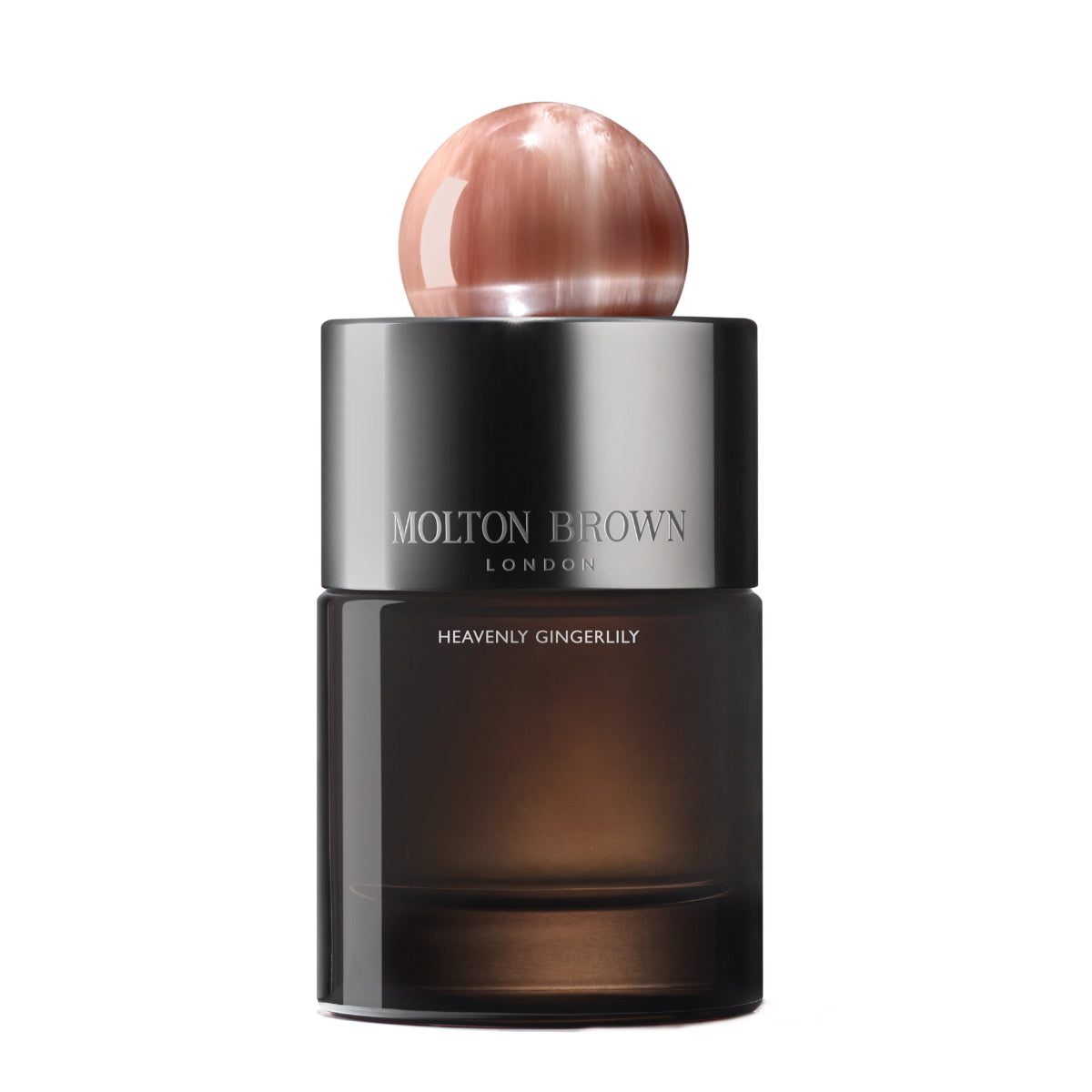 Molton Brown - Heavenly Gingerlily Parfumflakon in dunklem Glas mit metallischem Verschluss und rosa marmoriertem Deckel