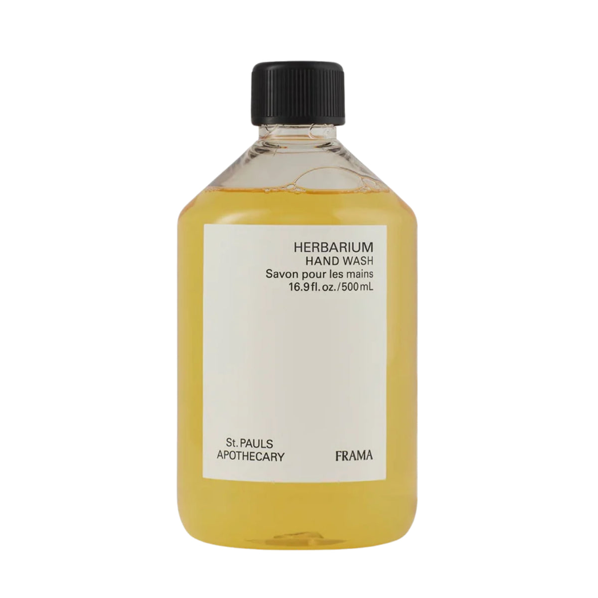 FRAMA - Herbarium - Hand Wash mildes Reinigungsgel in durchsichtiger Flasche mit schlichtem weißem Etikett vor weißem Hintergrund