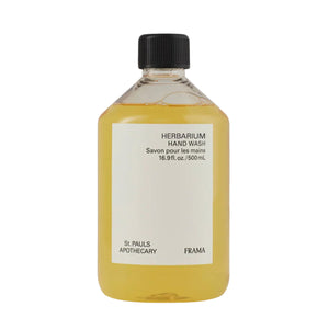 FRAMA - Herbarium - Hand Wash mildes Reinigungsgel in durchsichtiger Flasche mit schlichtem weißem Etikett vor weißem Hintergrund