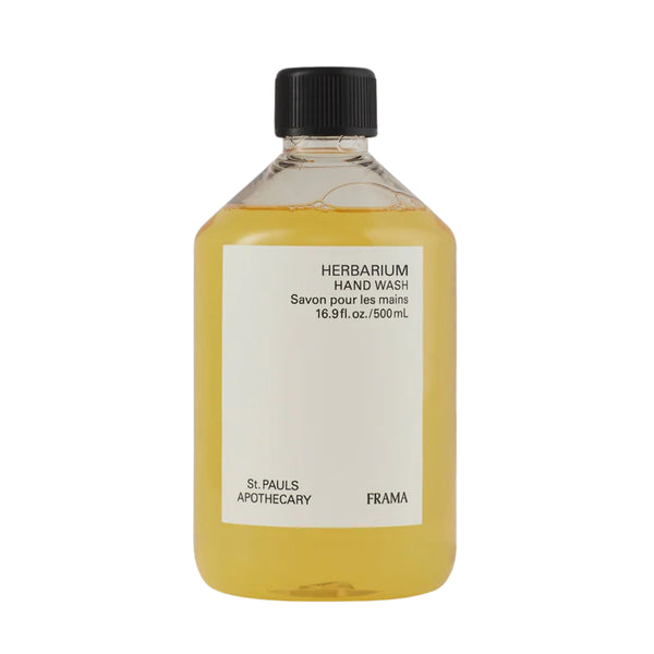 FRAMA - Herbarium - Hand Wash mildes Reinigungsgel in durchsichtiger Flasche mit schlichtem weißem Etikett vor weißem Hintergrund