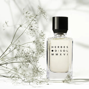 D:SOL MMXVI - Herbes klarer Flakon mit schwarzem Verschluss und zarter Kräuter-Dekoration im Hintergrund