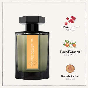 L'Artisan Parfumeur - La Collection - Histoire d'Orangers Extrême Parfumflakon mit schwarzem Verschluss und orangefarbenem Etikett vor hellem Hintergrund