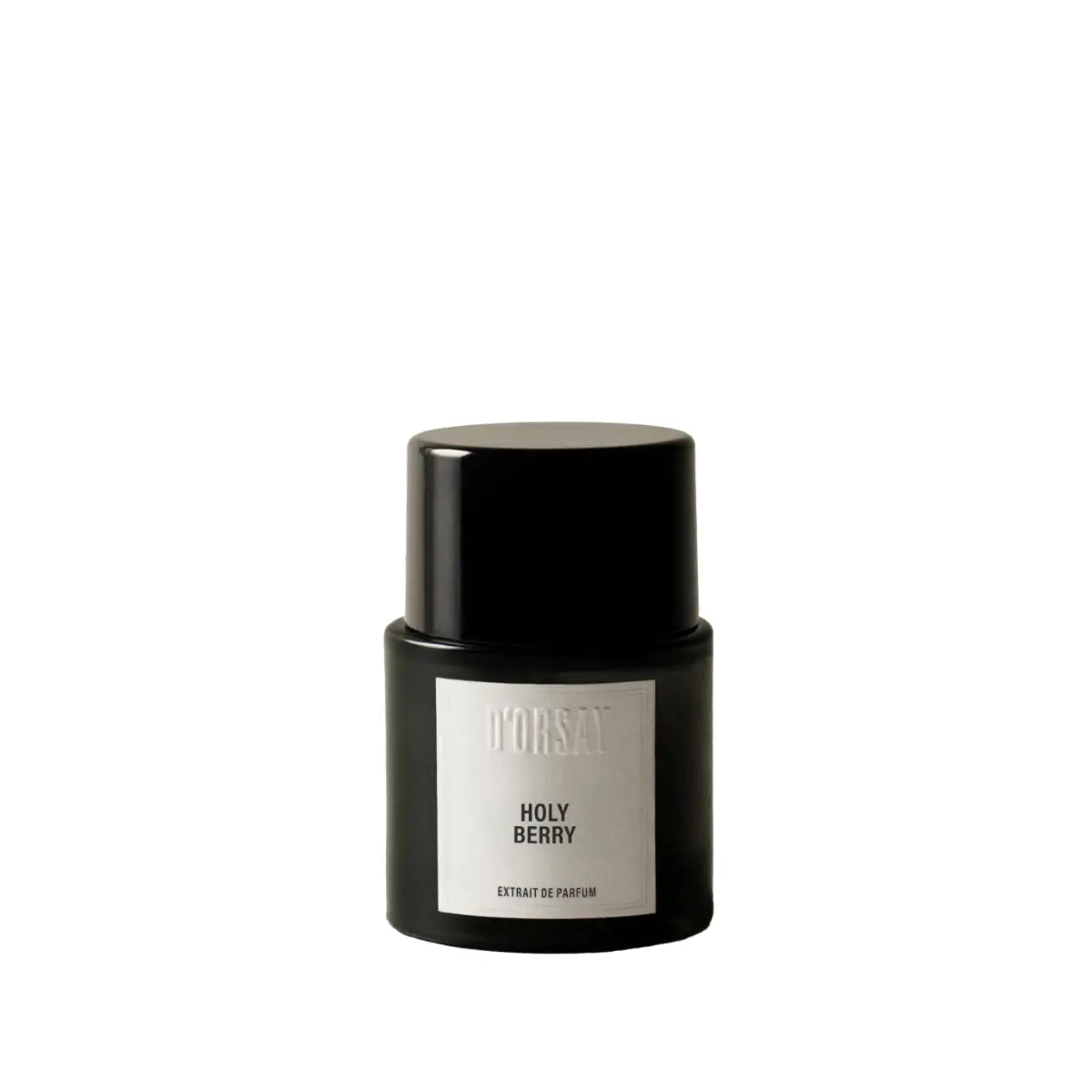 D'Orsay - Holy Berry Parfum in schwarzem Flakon mit schlichtem, weißem Etikett vor weißem Hintergrund