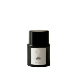 D'Orsay - Holy Berry Parfum in schwarzem Flakon mit schlichtem, weißem Etikett vor weißem Hintergrund
