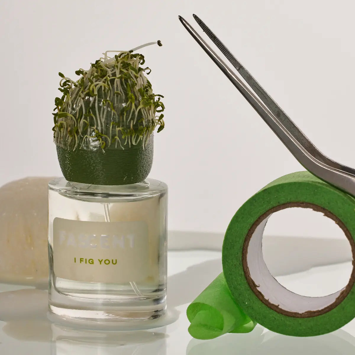 Fascent - I Fig You Parfumflakon mit grünem Pflanzendetail auf flachem Glasflakon vor hellem Hintergrund