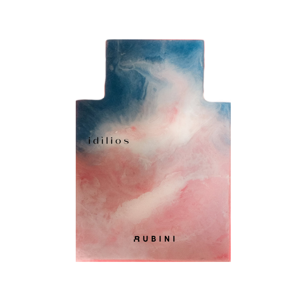 Rubini - Idìlios Duftflakon mit abstraktem Farbverlauf in Blau und Rosa vor weißem Hintergrund