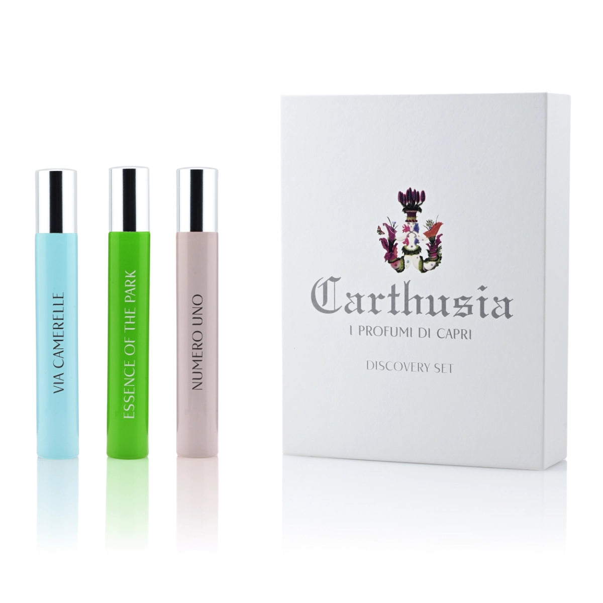 Carthusia - Giardino Mediterraneo - Discovery Set mit drei eleganten Miniaturdüften in Blau, Grün und Beige