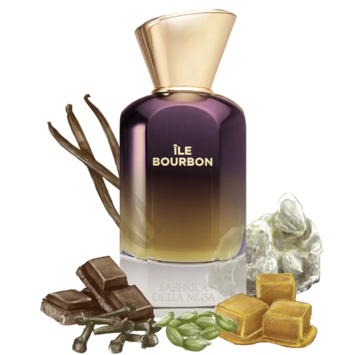 Fabbrica della Musa - Île Bourbon Parfümflakon mit Farbverlauf von Dunkellila zu Bernstein und goldenem Verschluss, Vanilleakzente