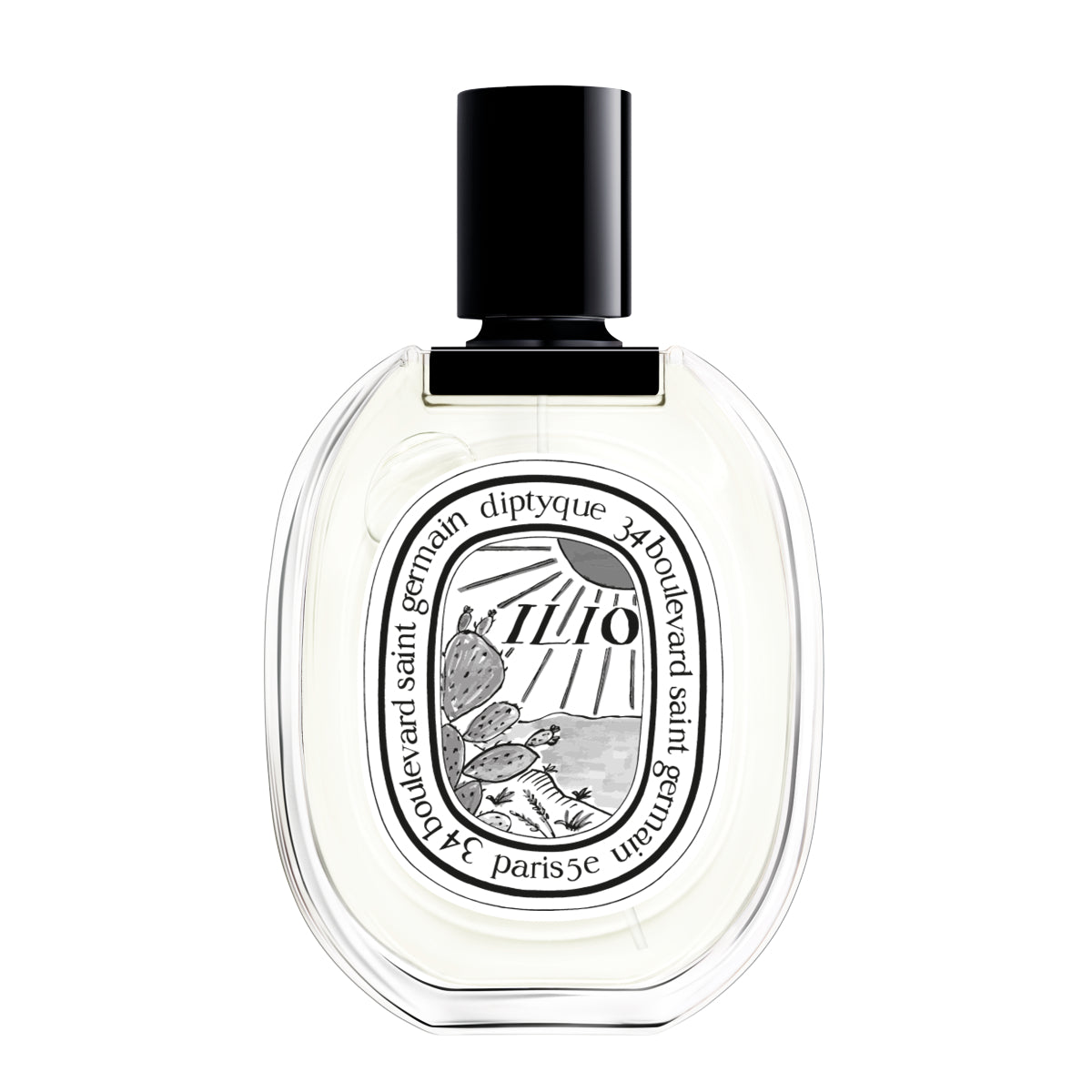 Diptyque - Ilio Eau de Toilette mit schwarzem Verschluss und Kaktusfeigenmotiv vor weißem Hintergrund