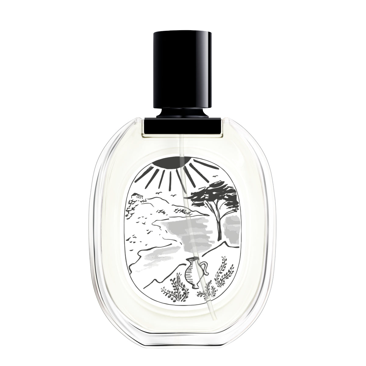 Diptyque - Ilio Eau de Toilette mit schwarz-mattiertem Verschluss und mediterranem Landschaftsdesign auf klarem Flakon