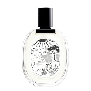 Diptyque - Ilio Eau de Toilette mit schwarz-mattiertem Verschluss und mediterranem Landschaftsdesign auf klarem Flakon