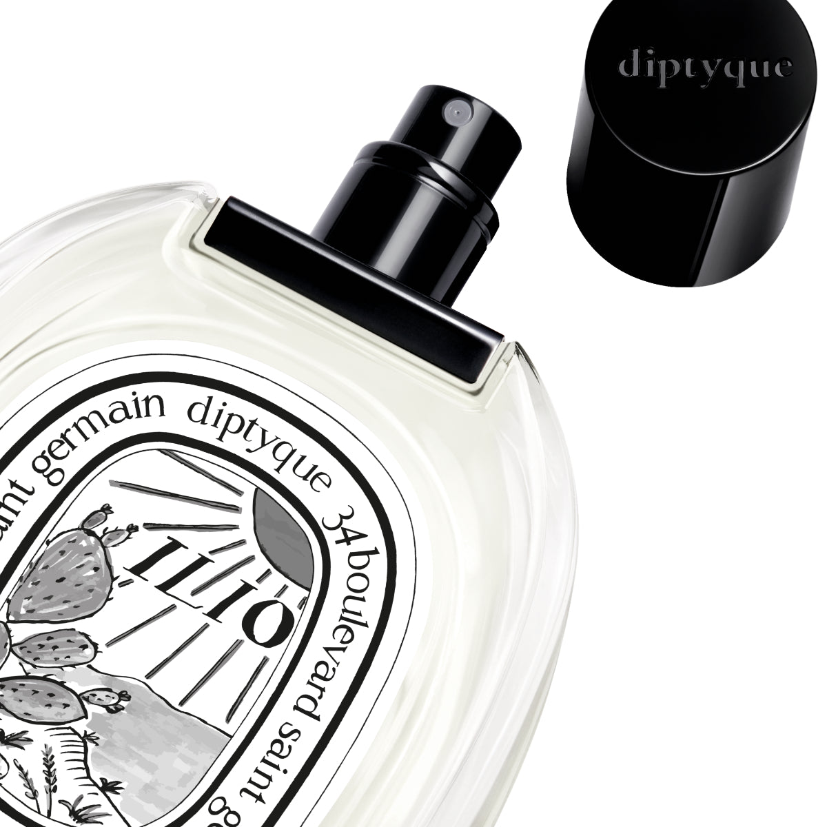 Diptyque - Ilio Eau de Toilette mit schwarzem Sprühkopf und geöffnetem Verschluss auf weißem Hintergrund