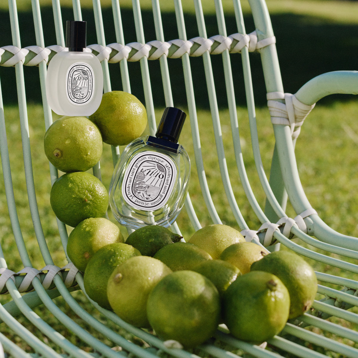 Diptyque - Ilio Eau de Toilette mit klarem und milchigem Flakon umgeben von frischen Limetten auf grünem Stuhl