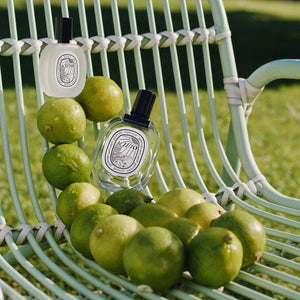 Diptyque - Ilio Eau de Toilette mit klarem und milchigem Flakon umgeben von frischen Limetten auf grünem Stuhl