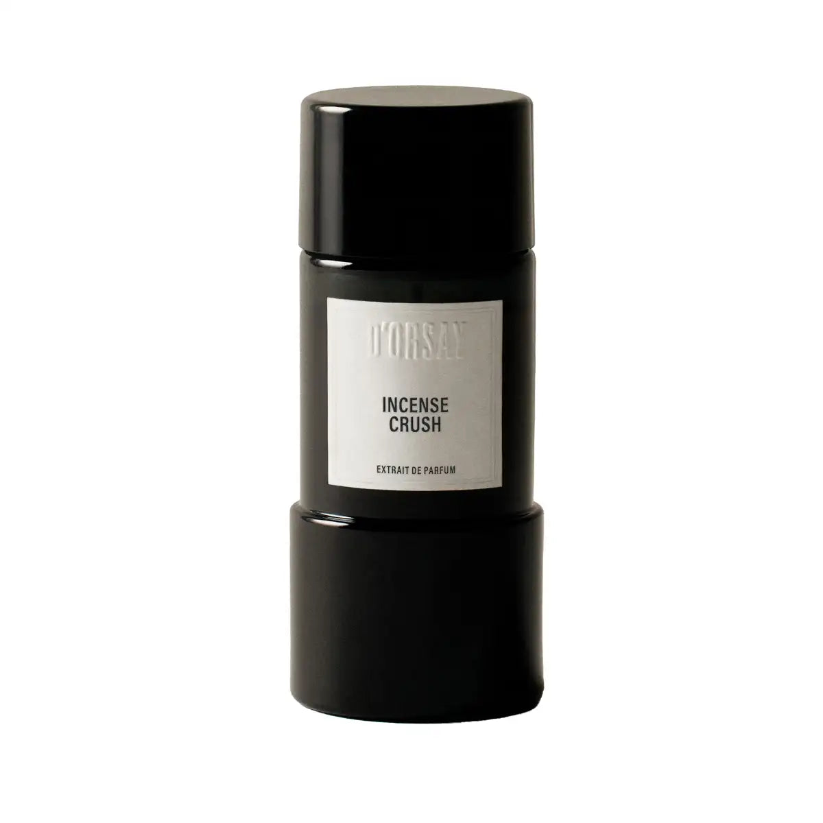 D'Orsay - Incense Crush Parfumflakon in mattschwarzem, zylindrischem Design mit schlichtem weißem Etikett vor weißem Hintergrund