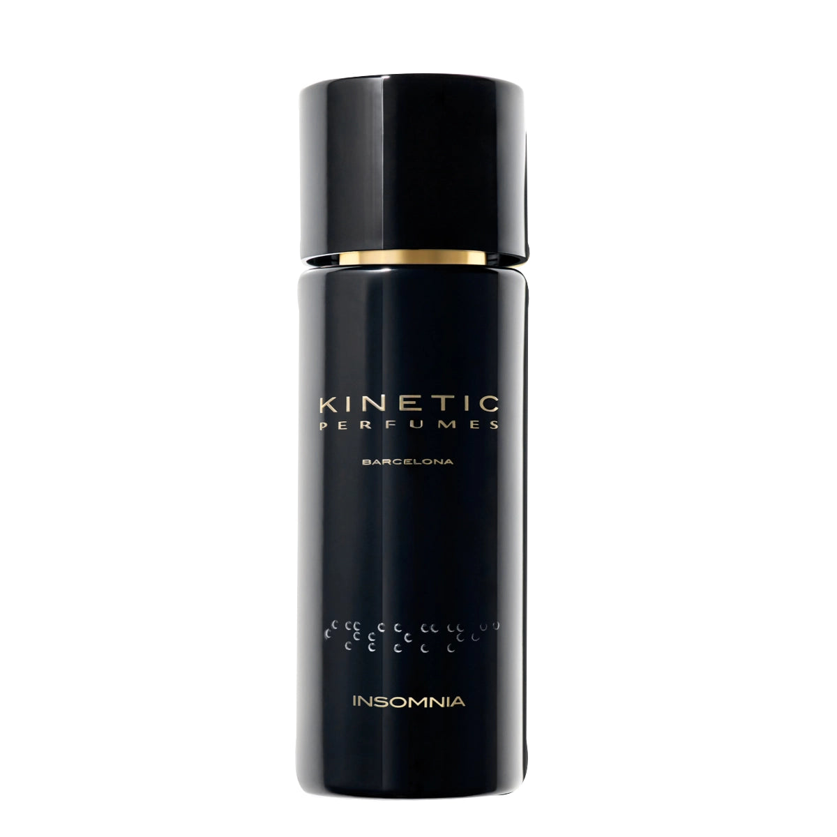 Kinetic Perfumes - Insomnia in elegantem schwarzen Flakon mit goldener Schrift und feinem Mondzyklus-Motiv auf weißem Hintergrund