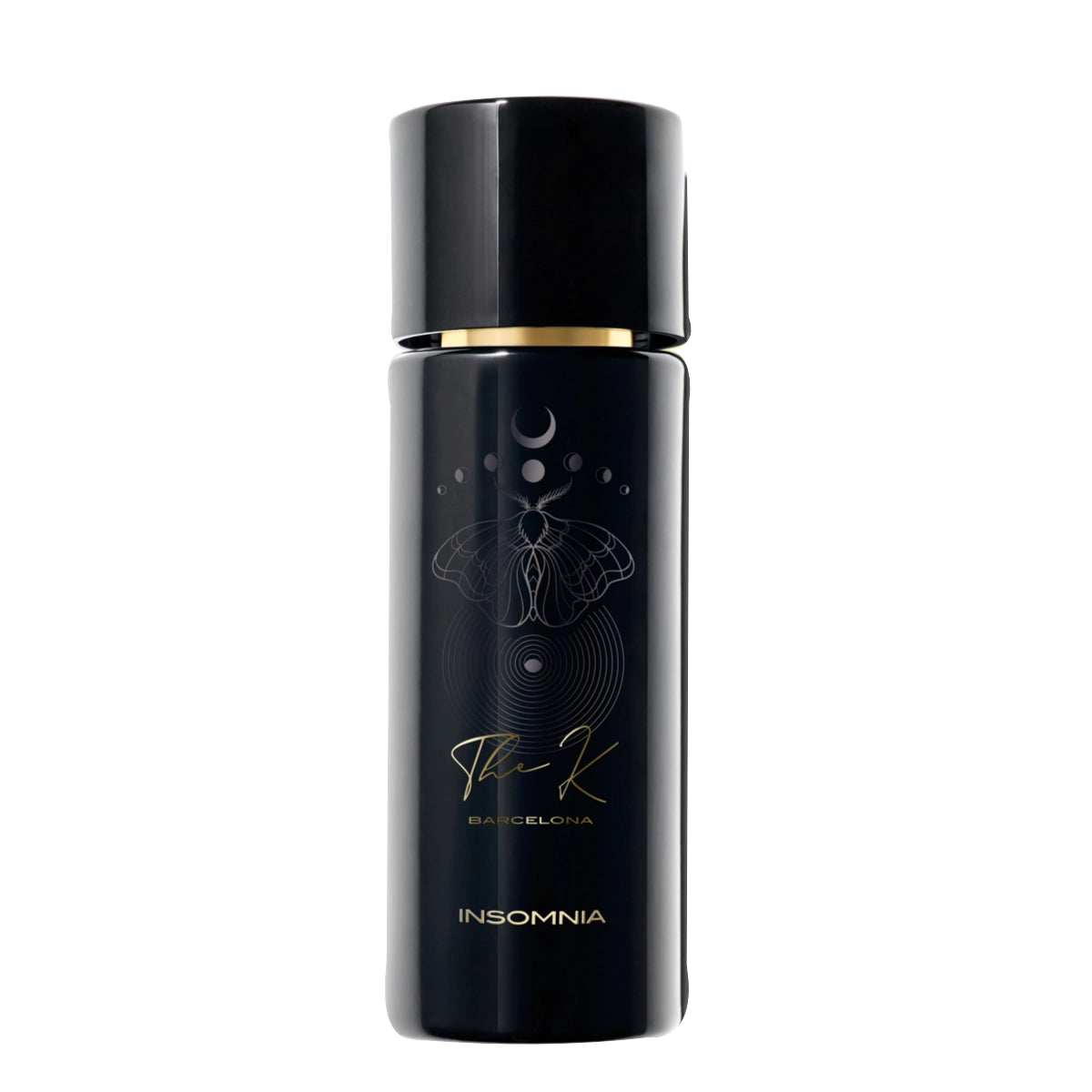 Kinetic Perfumes - Insomnia Parfumflakon in elegantem Schwarz mit goldener Schrift und feinem Mond- und Mottenmotiv