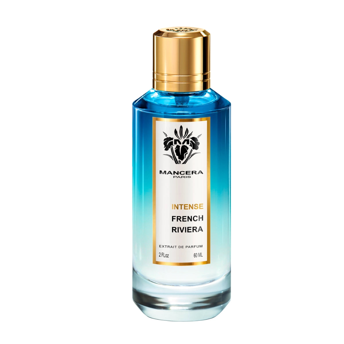 Mancera - Intense French Riviera Parfumflakon mit blau-weißem Farbverlauf und goldenem Verschluss auf weißem Hintergrund