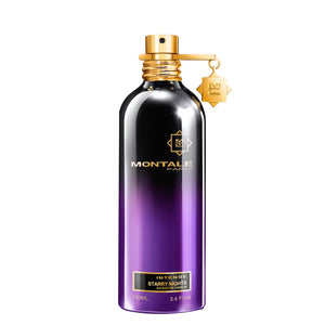 Montale - Intense Starry Nights Parfumflakon in violett-schwarzem Farbverlauf mit goldfarbenem Verschluss auf weißem Hintergrund