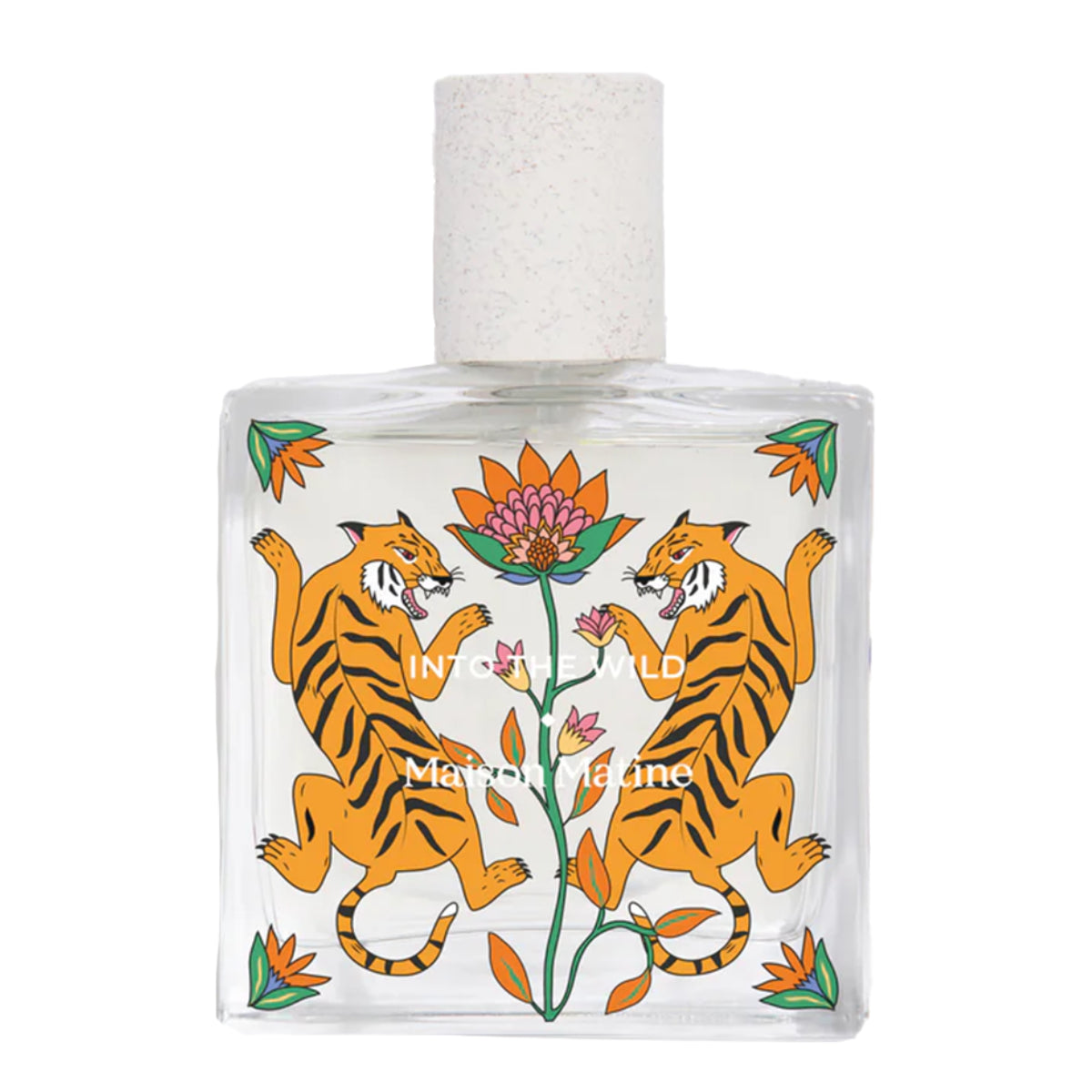 Maison Matine - Into the Wild Parfumflakon mit verspieltem Tigermotiv und floralen Akzenten auf klarem Glas