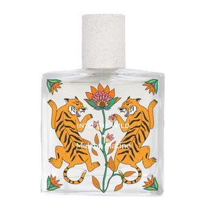 Maison Matine - Into the Wild Parfumflakon mit verspieltem Tigermotiv und floralen Akzenten auf klarem Glas