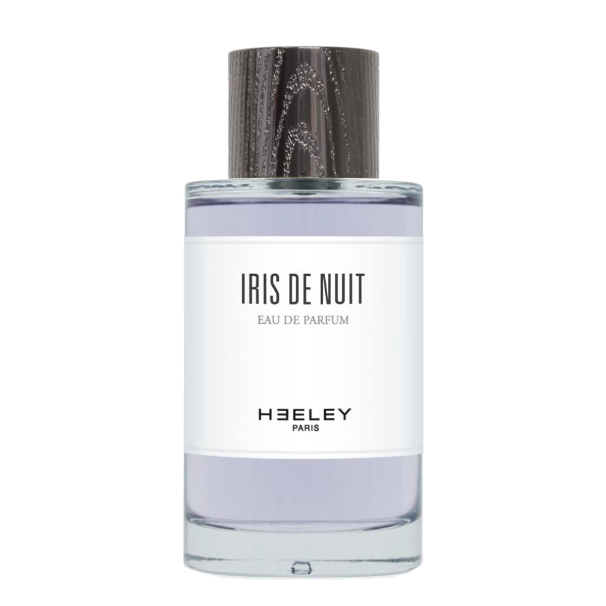 Heeley - Iris de Nuit Parfumflakon mit hellem Lavendelton und dunkelgemasertem Verschluss vor weißem Hintergrund